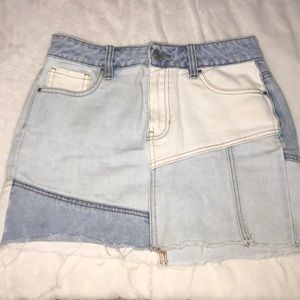 Light denim and white patch jean skirt